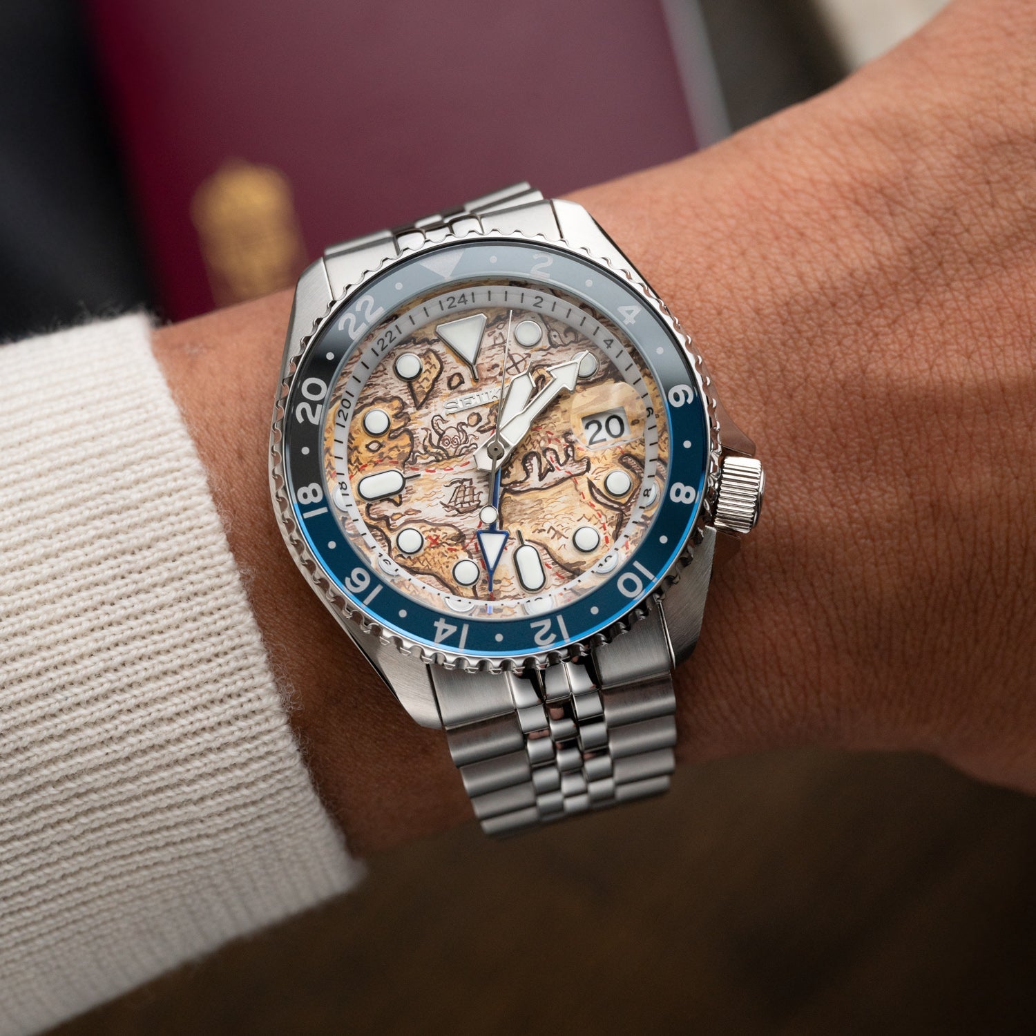 Explorer Concept – Hand-painted custom Seiko 5 GMT featuring ancient map artwork, a limited edition bespoke timepiece by IFL Watches