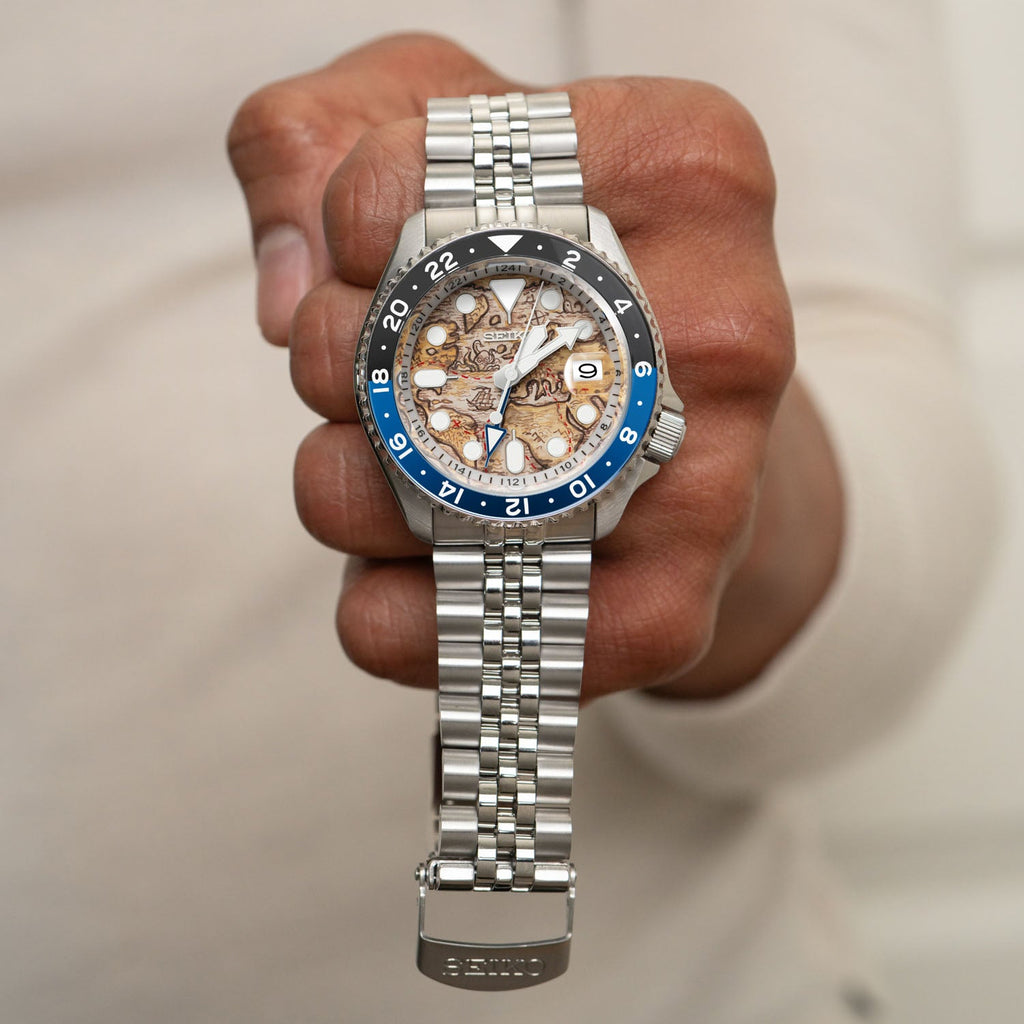 Explorer Concept – Hand-painted custom Seiko 5 GMT featuring ancient map artwork, a limited edition bespoke timepiece by IFL Watches