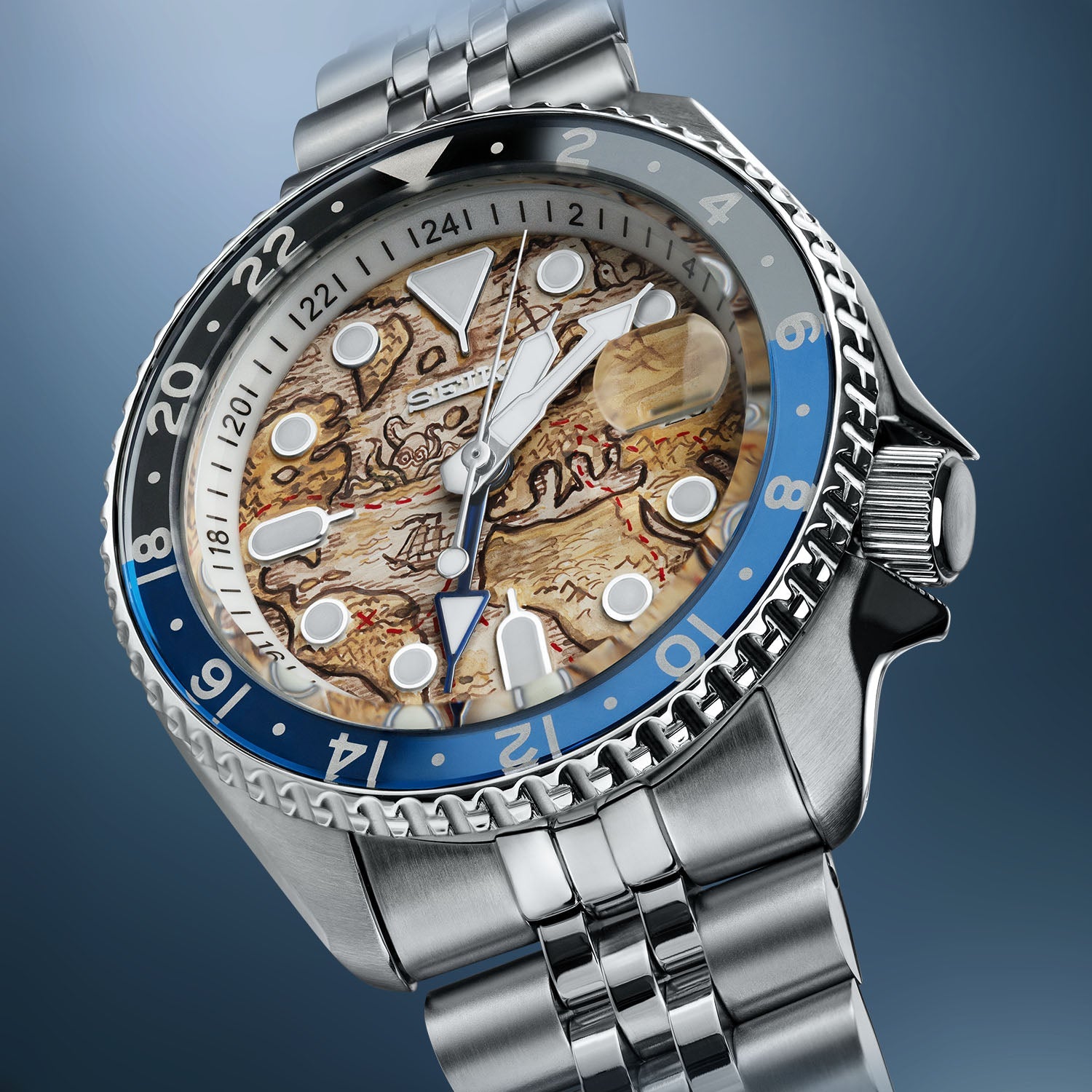 Explorer Concept – Hand-painted custom Seiko 5 GMT featuring ancient map artwork, a limited edition bespoke timepiece by IFL Watches
