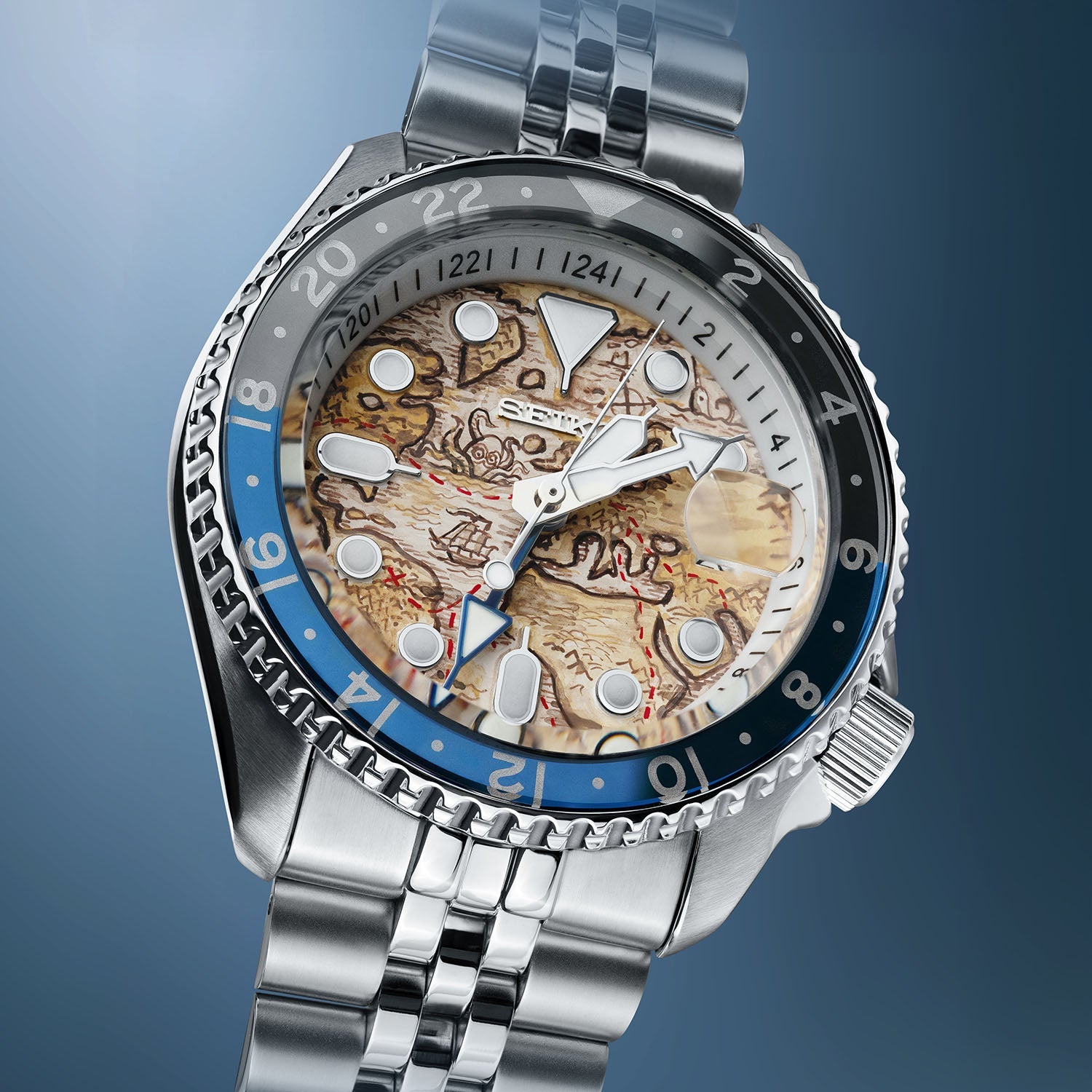 Explorer Concept – Hand-painted custom Seiko 5 GMT featuring ancient map artwork, a limited edition bespoke timepiece by IFL Watches