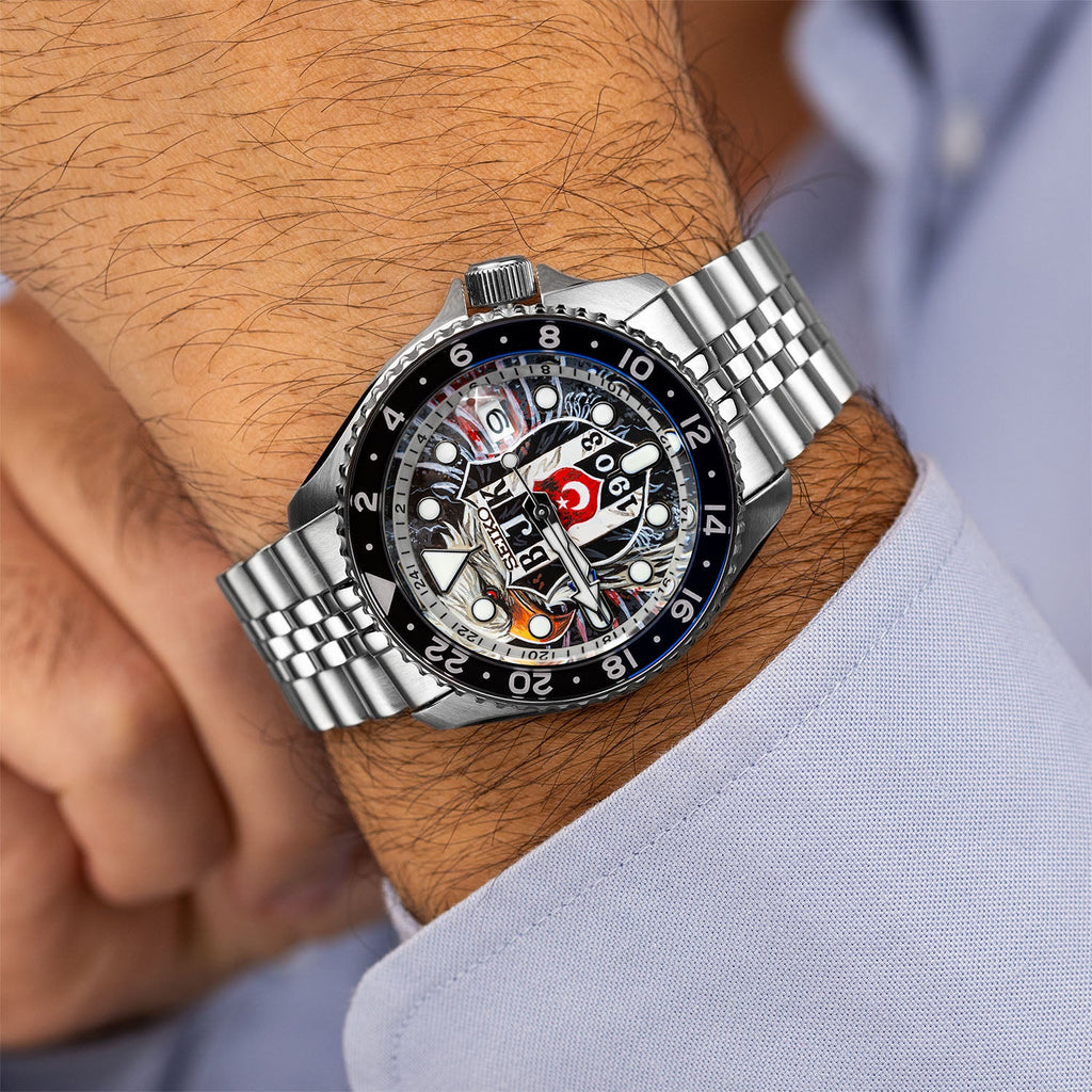 Seiko 5 Sports GMT Kara Kartallar Concept – Hand-painted custom Seiko 5 Sports GMT featuring Turkish football heritage in black and white, a bespoke timepiece by IFL Watches