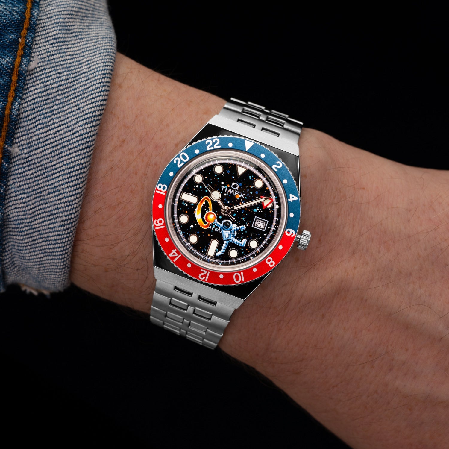 Timex Q Space Dunk – customized hand-painted Timex Q Diver GMT with Swiss movement, featuring an astronaut dunking a planet artwork, limited edition by IFL Watches.