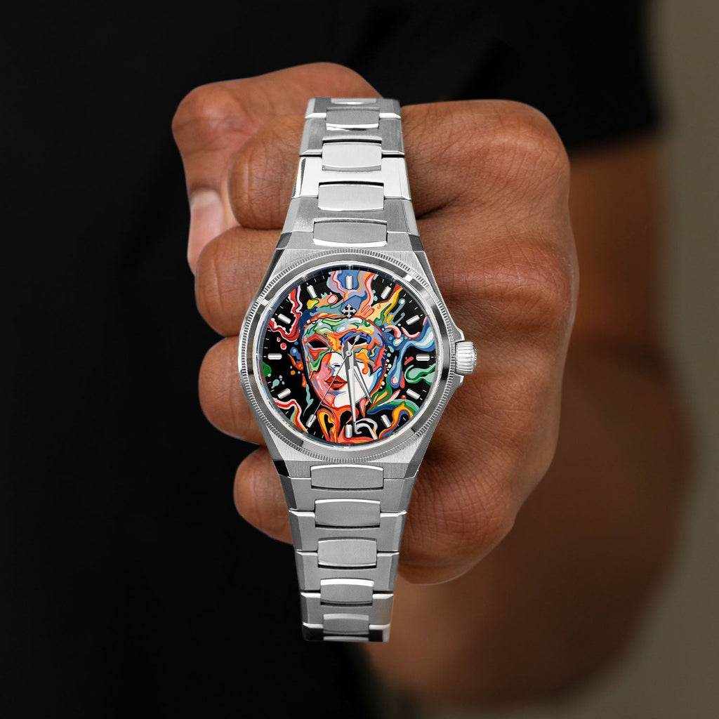 Venezianico Arsenale Arlecchino in hand - Hand-painted masked figure in swirling carnival colors, limited edition timepiece by IFL Watches