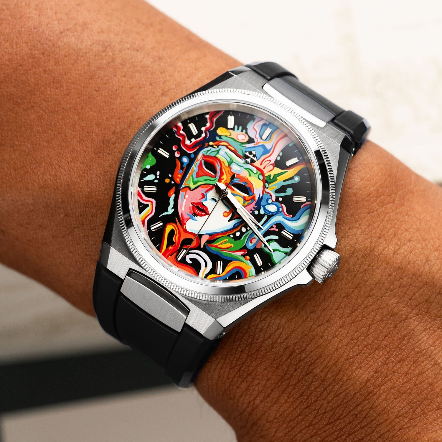 Venezianico Arsenale Arlecchino on rubber strap - Bespoke Venezianico Arsenale with hand-painted Venice Carnival artwork, limited edition by IFL Watches