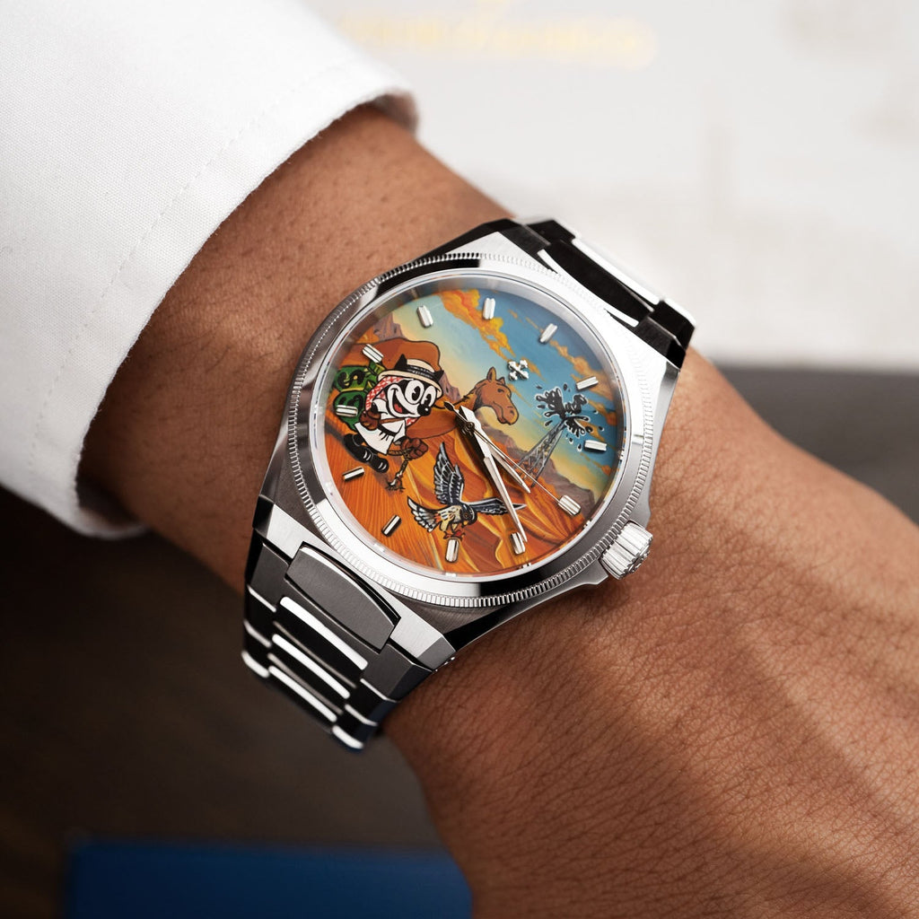Venezianico Arsenale Legends of Arabia – Hand-painted custom dial featuring desert adventure with falcon and oil derrick, bespoke timepiece by IFL Watches