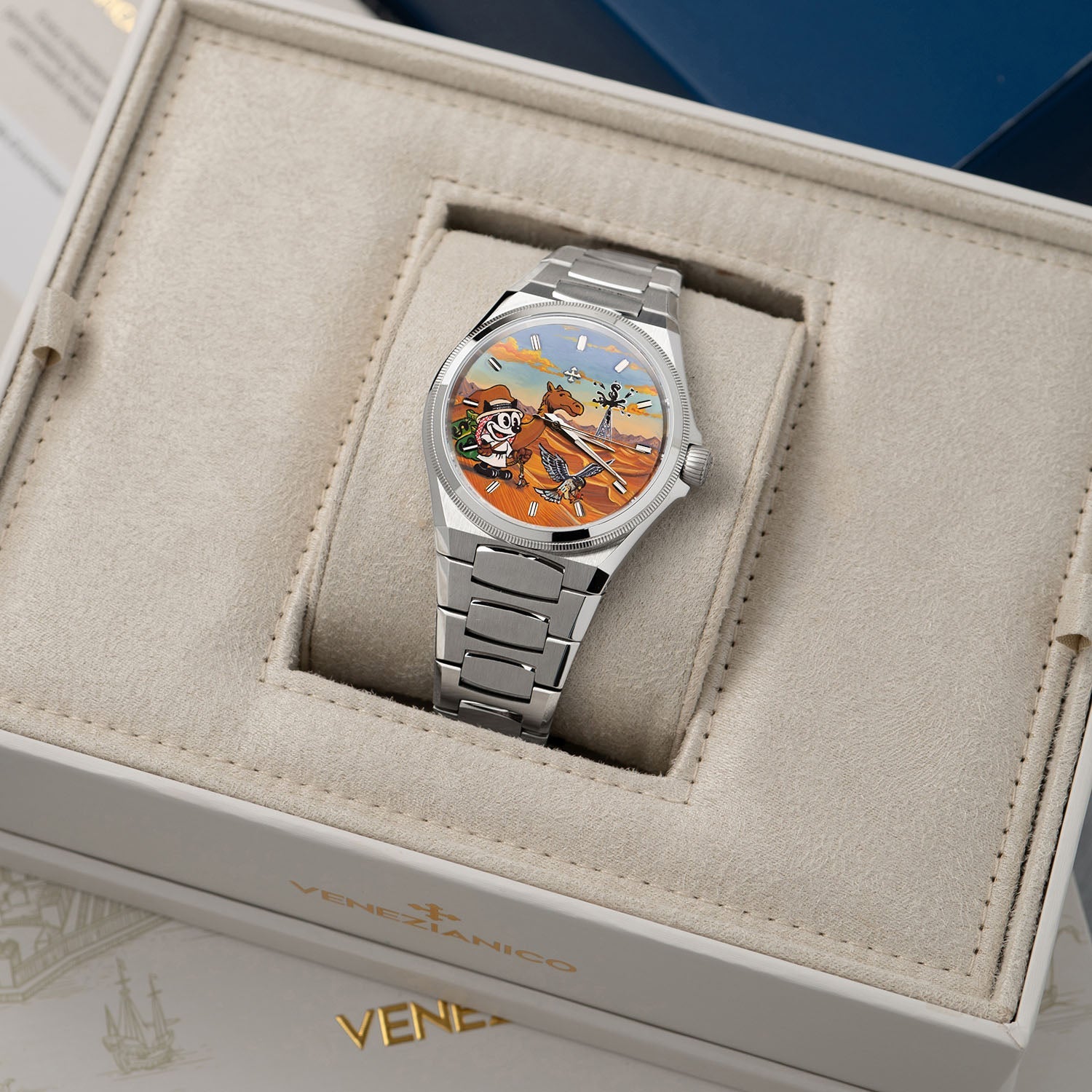 Venezianico Arsenale Legends of Arabia – Hand-painted custom dial featuring desert adventure with falcon and oil derrick, bespoke timepiece by IFL Watches