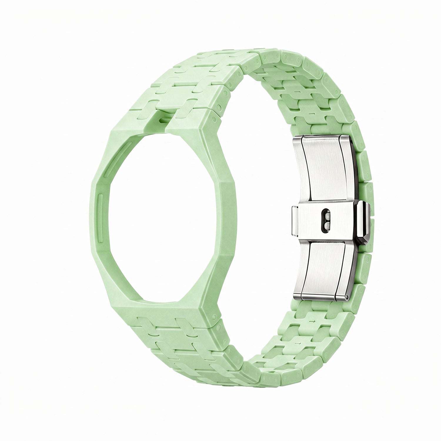 Blaue Acht Swatch × AP Royal Pop Ceramic Case-Strap — bare lime green ceramic case and link bracelet, front view, by IFL Watches