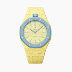 Blaue Acht Swatch × AP Royal Pop Ceramic Case-Strap — lime green with a light-blue bezel kit with the Royal Pop head seated in the case, by IFL Watches