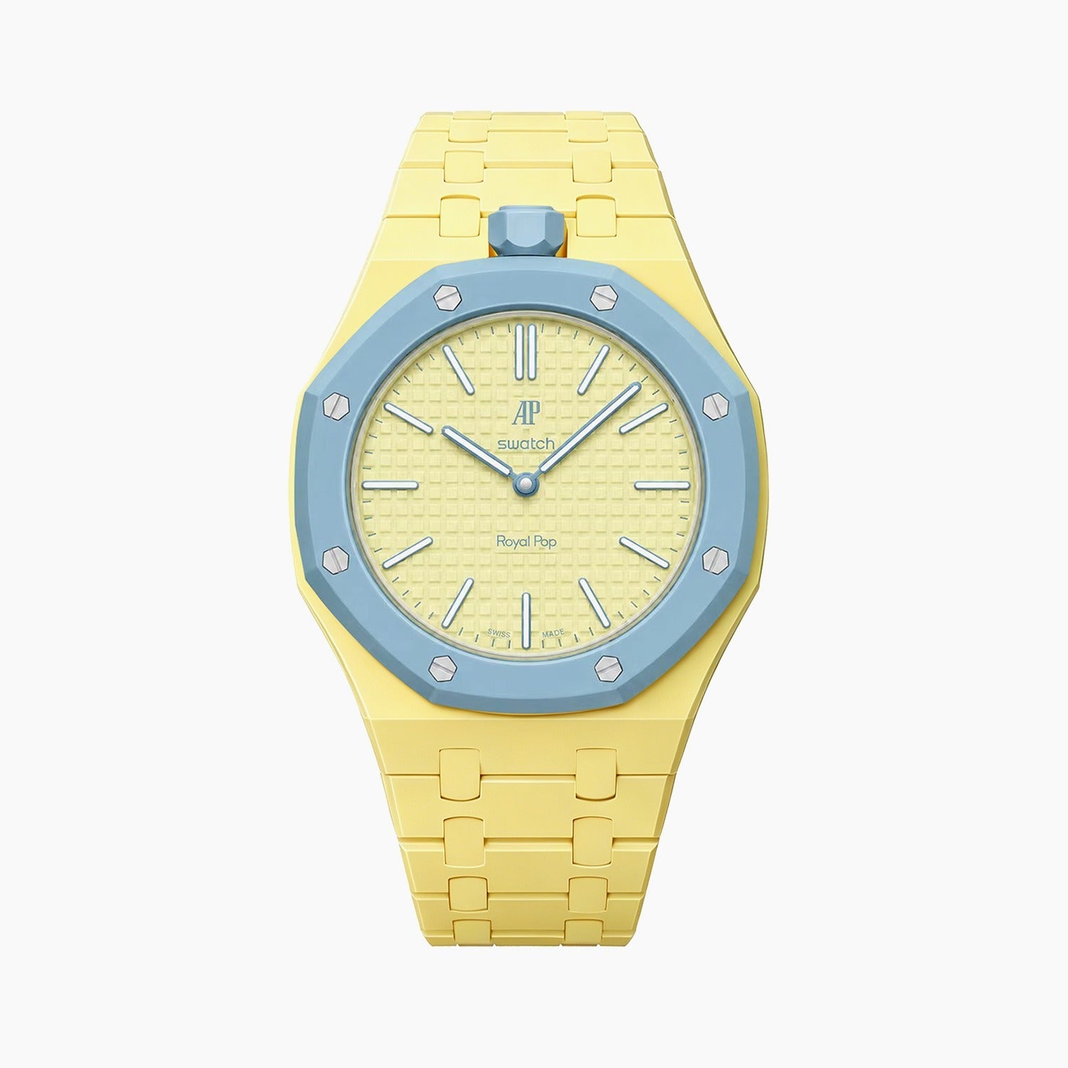Blaue Acht Swatch × AP Royal Pop Ceramic Case-Strap — lime green with a light-blue bezel kit with the Royal Pop head seated in the case, by IFL Watches