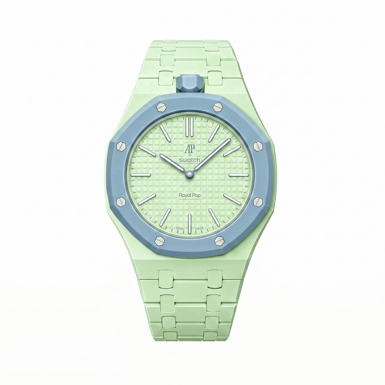 Blaue Acht Swatch × AP Royal Pop Ceramic Case-Strap — lime green with a light-blue bezel kit with the Royal Pop head seated in the case, by IFL Watches