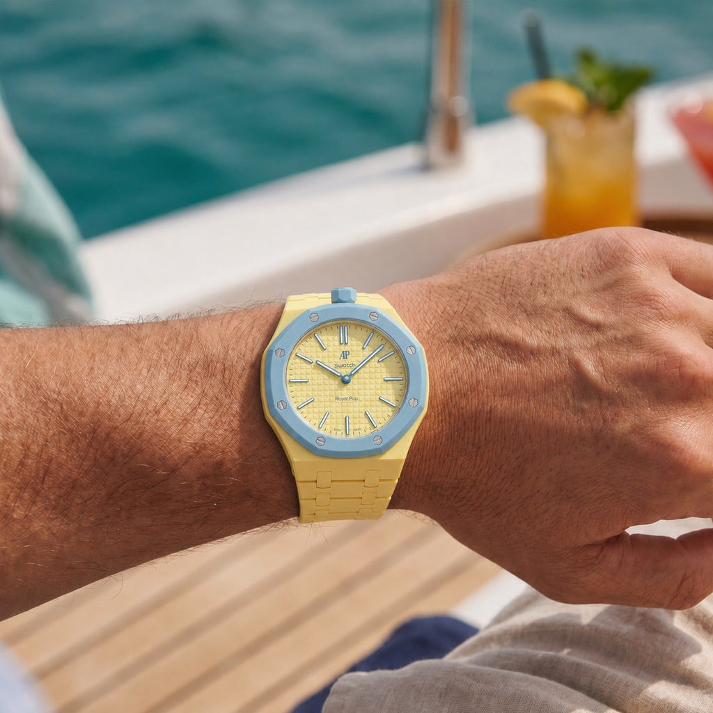 Blaue Acht Swatch × AP Royal Pop Ceramic Case-Strap — worn in a cocktails scene, by IFL Watches