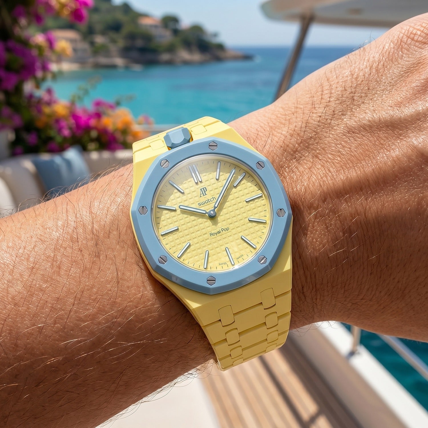 Blaue Acht Swatch × AP Royal Pop Ceramic Case-Strap — worn in a marina scene, by IFL Watches
