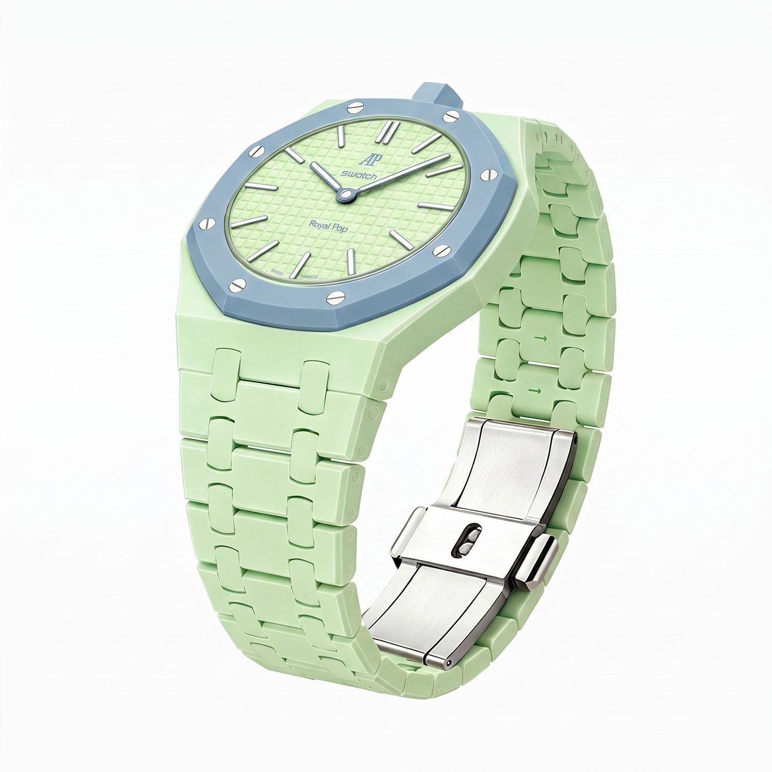 Blaue Acht Swatch × AP Royal Pop Ceramic Case-Strap — the Royal Pop Blaue Acht seated in our ceramic kit, three-quarter view, by IFL Watches