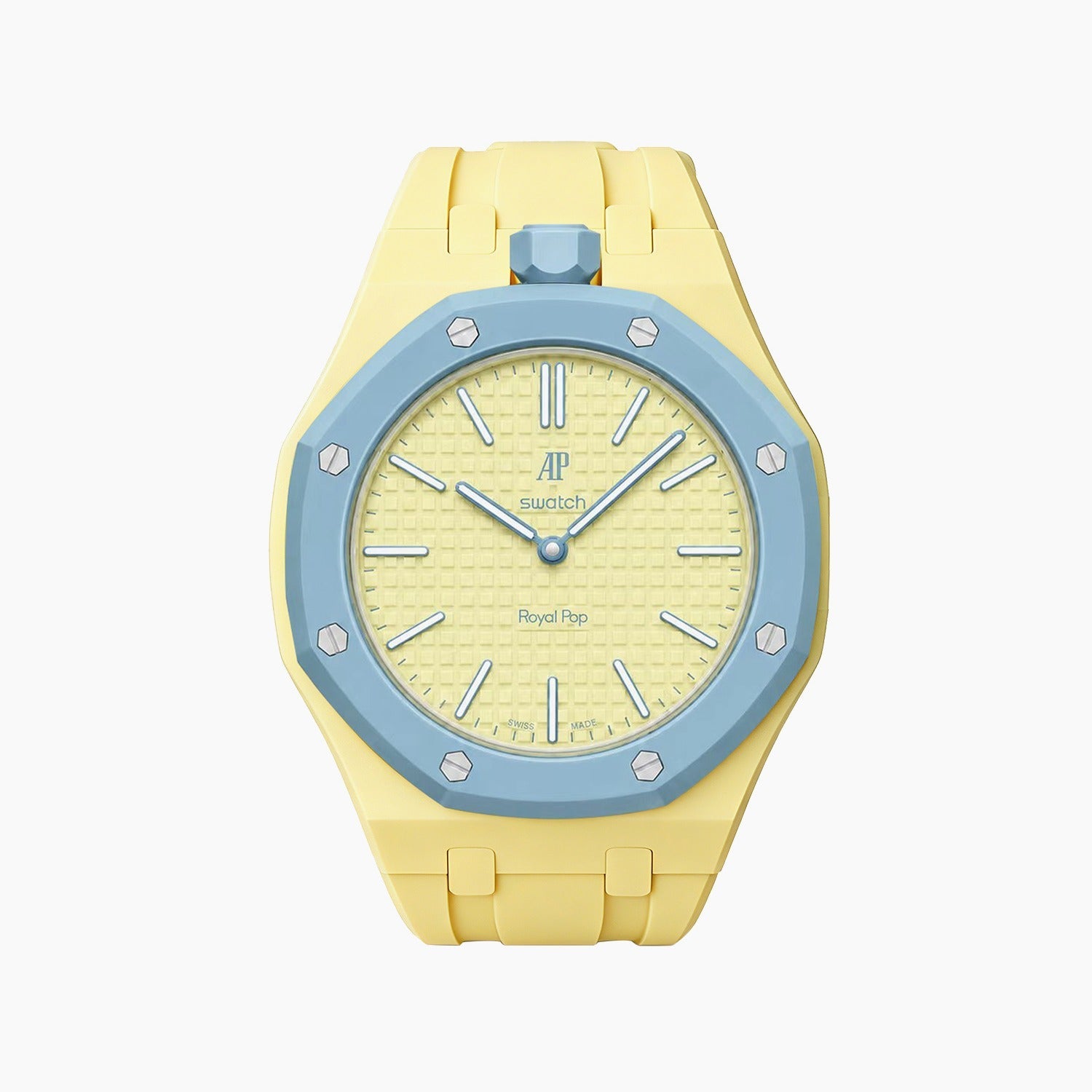 Blaue Acht Swatch × AP Royal Pop Rubber Case-Strap — lime green with a light-blue bezel kit with the Royal Pop head seated in the case, by IFL Watches