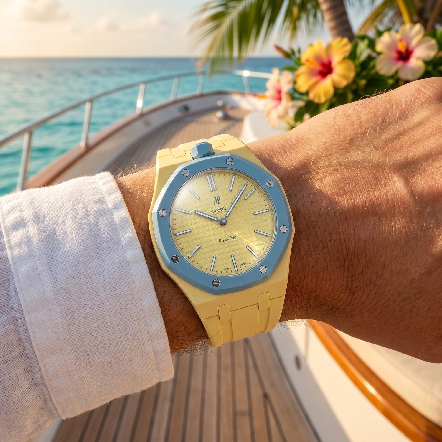 Blaue Acht Swatch × AP Royal Pop Rubber Case-Strap — worn in a yacht scene, by IFL Watches