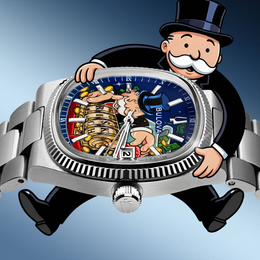 Bulova Super Seville Risky Riches – Hand-painted custom dial featuring vibrant artwork with flying bills and golden coins, limited edition bespoke timepiece by IFL Watches