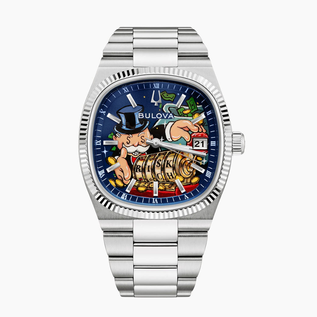 Bulova Super Seville Risky Riches – Hand-painted custom dial featuring vibrant artwork with flying bills and golden coins, limited edition bespoke timepiece by IFL Watches