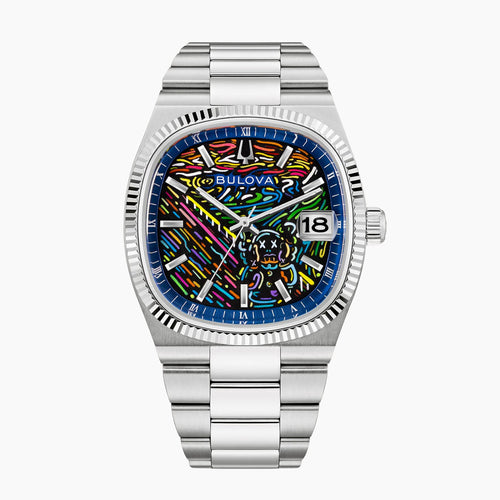 Bulova Super Seville Scream — Front view of the hand-painted pop art take on The Scream, set in a 37.5mm steel case with a coin-edge bezel and integrated bracelet, limited edition timepiece by IFL Watches
