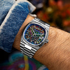 Bulova Super Seville Scream — Close view on the wrist, the diagonal railing and pop culture figure beneath sapphire crystal, customized limited edition by IFL Watches