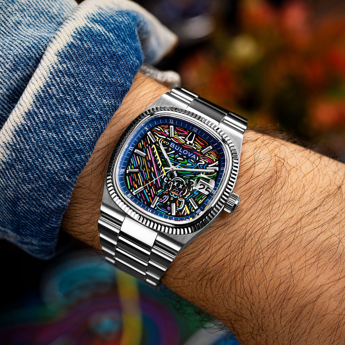 Bulova Super Seville Scream — Close view on the wrist, the diagonal railing and pop culture figure beneath sapphire crystal, customized limited edition by IFL Watches