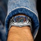 Bulova Super Seville Scream — Side profile from the crown, showing the case depth and grooved bezel with the neon dial beyond, custom limited edition by IFL Watches