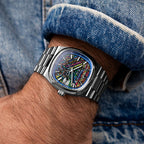 Bulova Super Seville Scream — Resting against faded denim, the painted sky catching daylight above the three-link bracelet, limited edition timepiece by IFL Watches