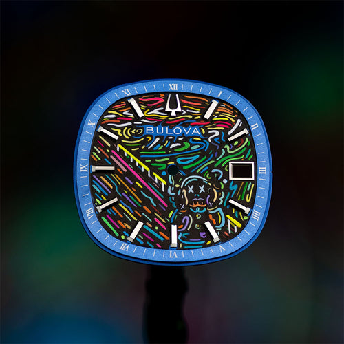 Bulova Super Seville Scream — The painted dial before casing, showing the diagonal railing, the swirling sky and the pop culture figure low on the right, custom limited edition by IFL Watches