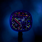 Bulova Super Seville Scream — The dial under UV light, its neon strokes glowing pink, green, cyan and violet around the figure's outline, customized limited edition by IFL Watches