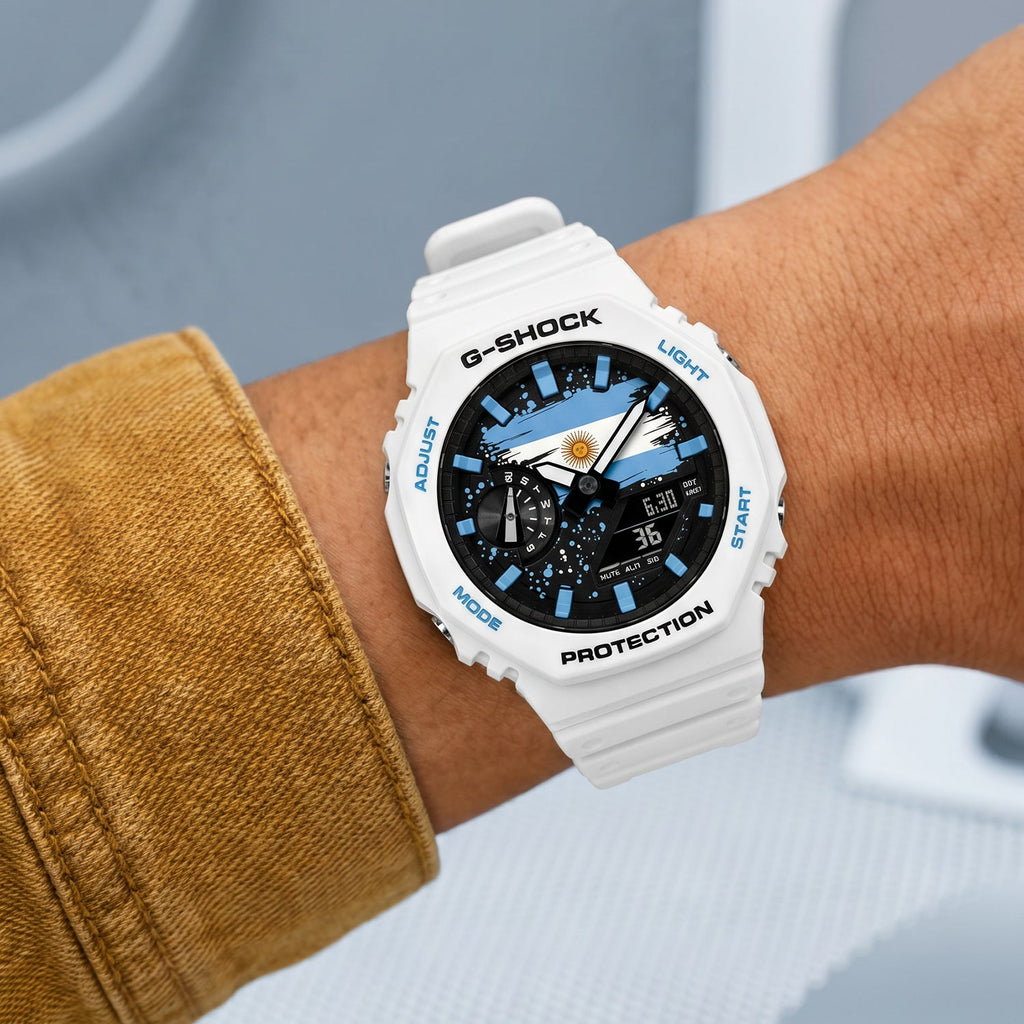 Casio G-Shock Argentina flag watch worn on the wrist, by IFL Watches