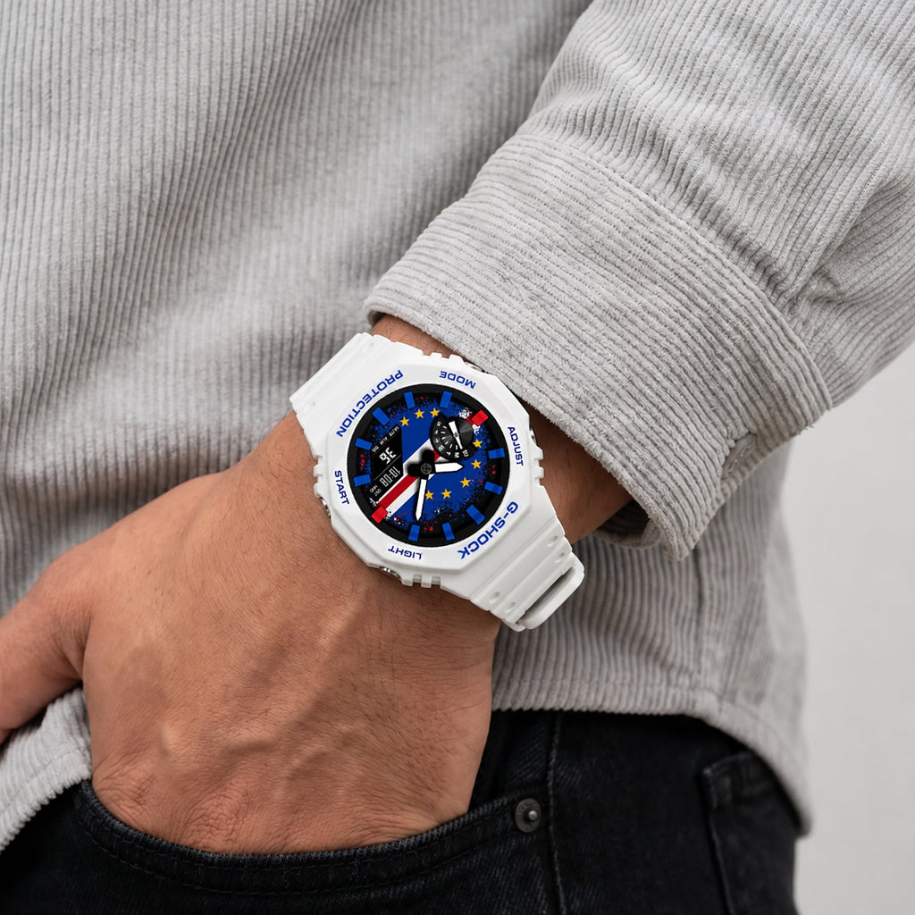 Casio G-Shock Cape Verde flag watch worn on the wrist, by IFL Watches
