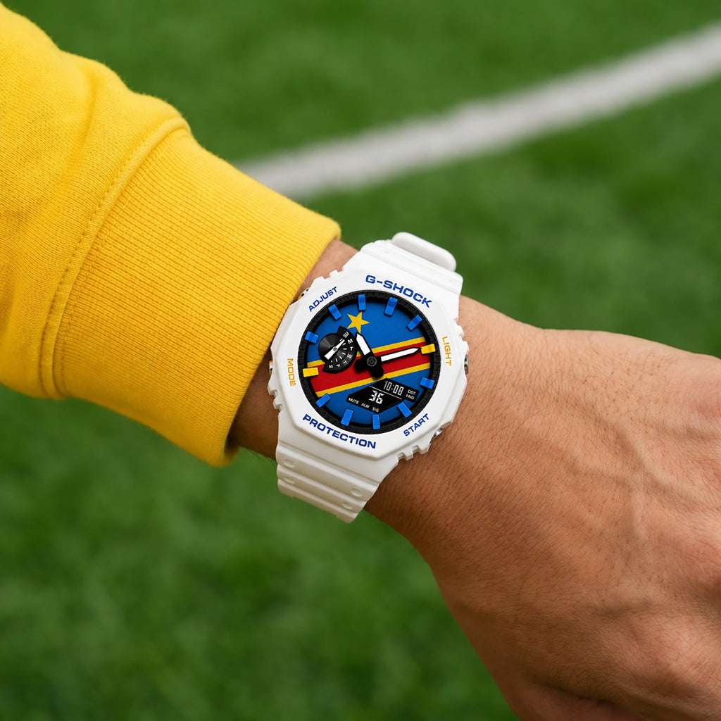Casio G-Shock DR Congo flag watch worn on the wrist, by IFL Watches