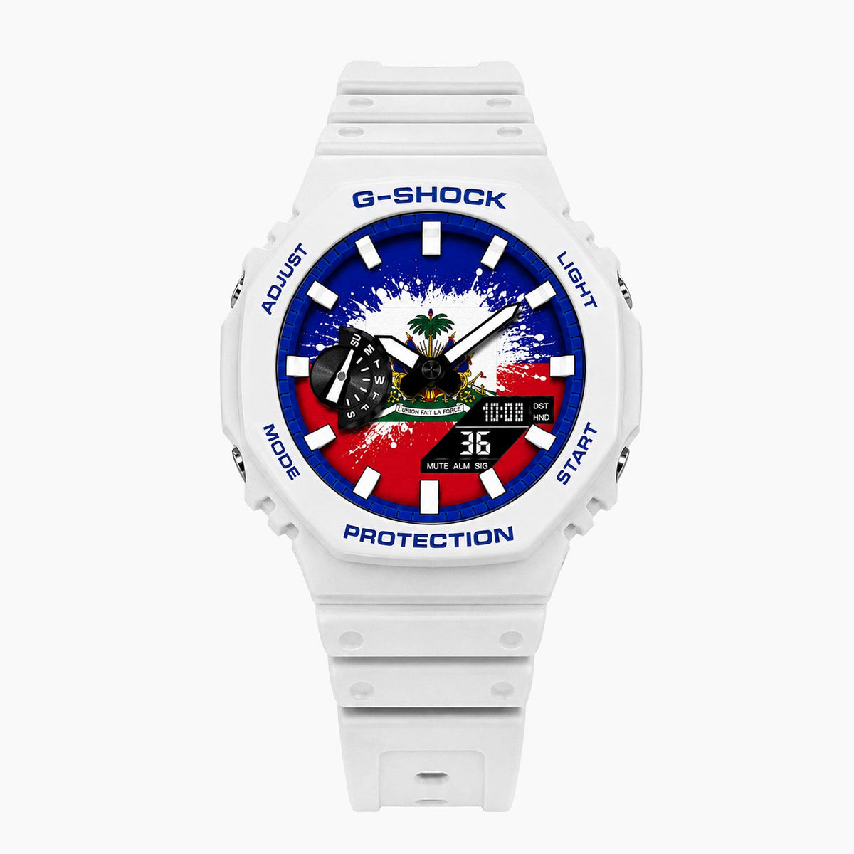 Casio G-Shock Haiti — white custom G-Shock with the Haiti flag dial, by IFL Watches