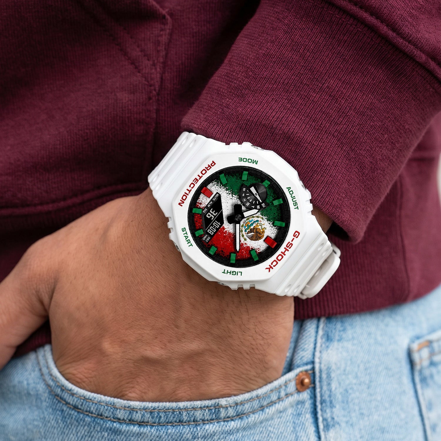 Custom Mexico flag Casio G-Shock on the wrist, by IFL Watches