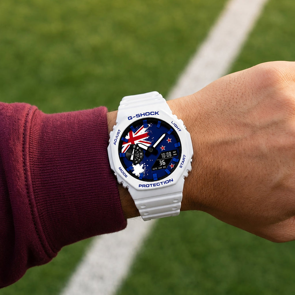 Custom New Zealand flag Casio G-Shock on the wrist, by IFL Watches