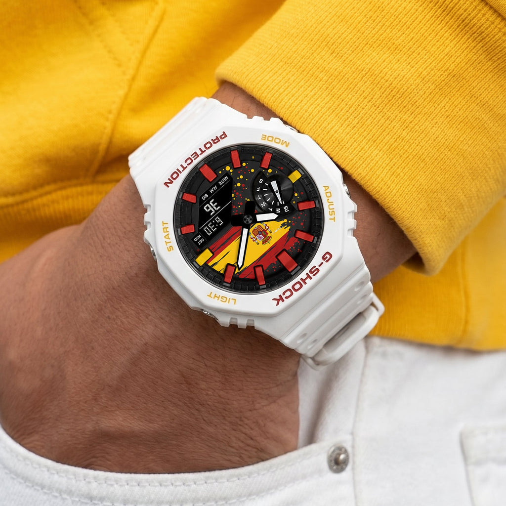 Casio G-Shock Spain flag watch worn on the wrist, by IFL Watches