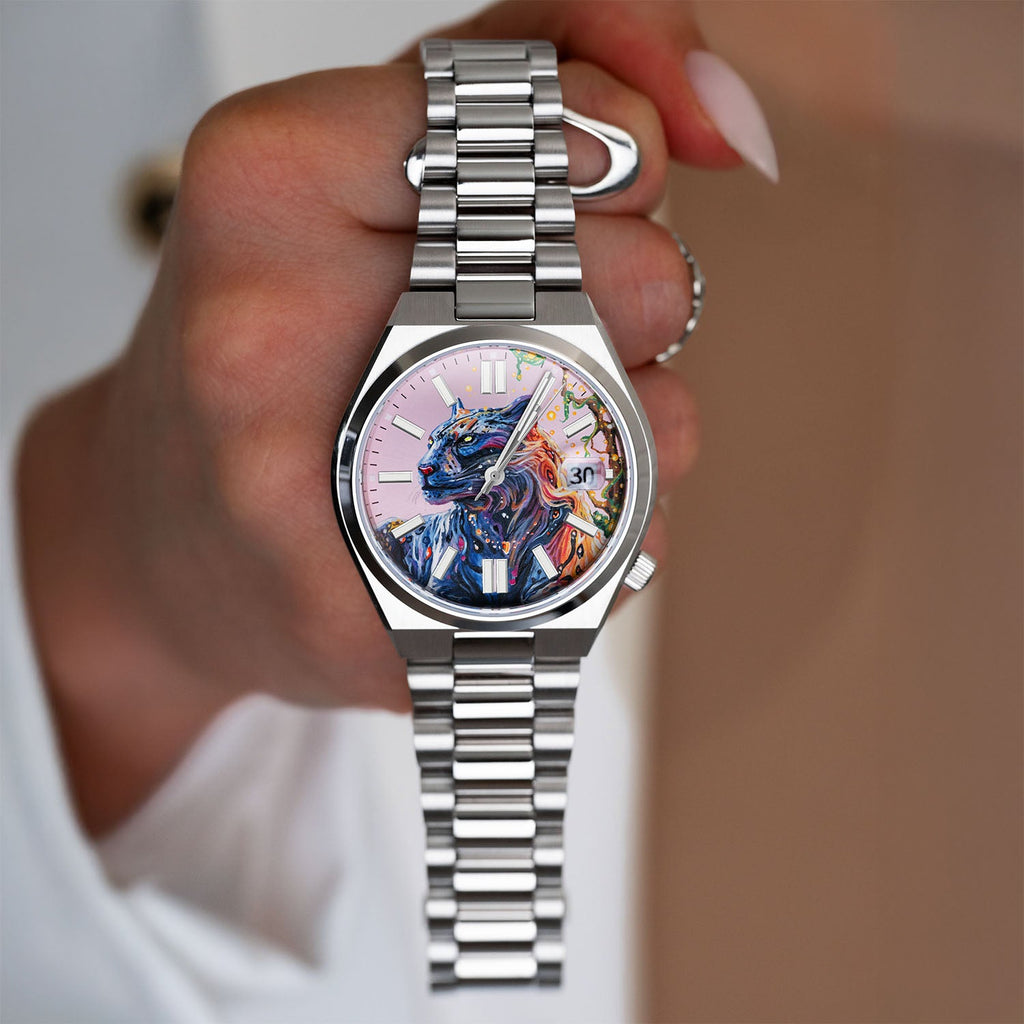 La Féline Concept – Hand-painted custom Citizen Tsuyosa 37mm with UV-reactive panther artwork, a bespoke timepiece by IFL Watches