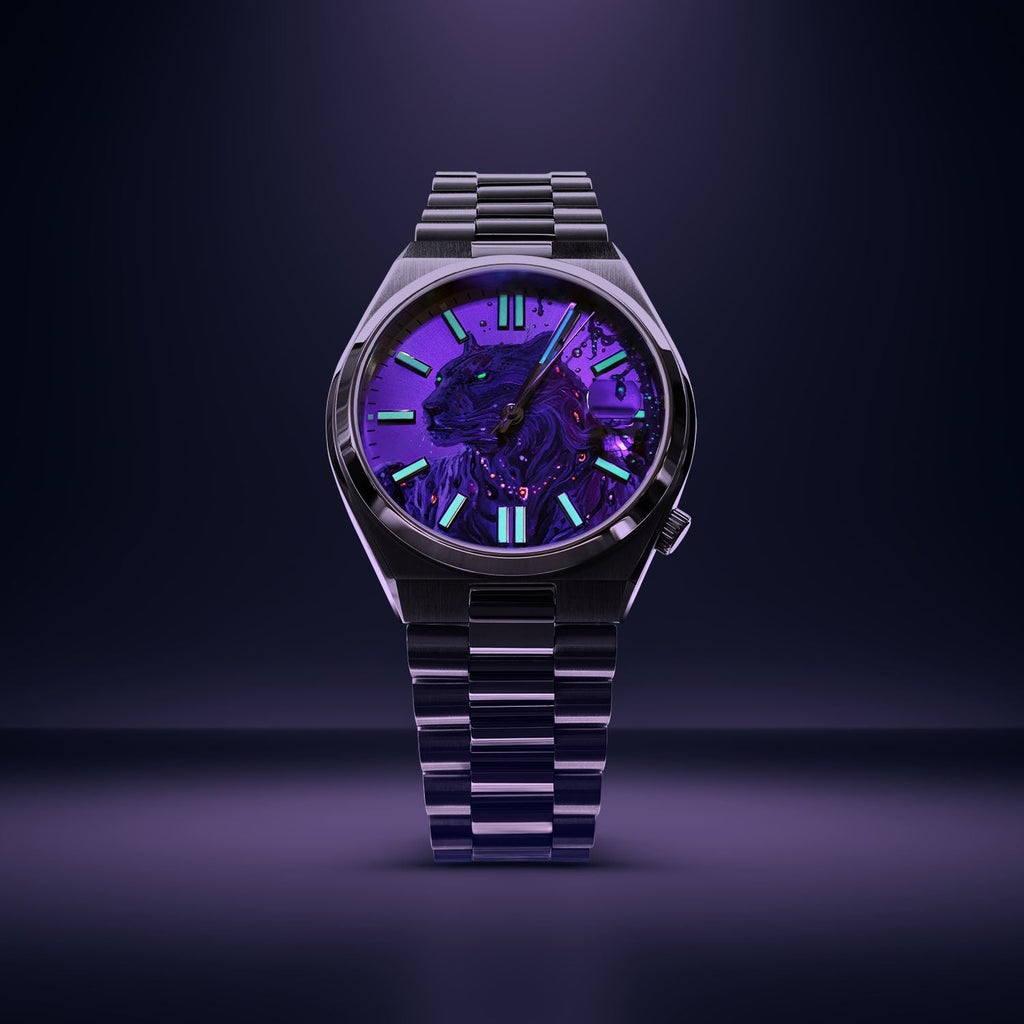 La Féline Concept – Hand-painted custom Citizen Tsuyosa 37mm with UV-reactive panther artwork, a bespoke timepiece by IFL Watches