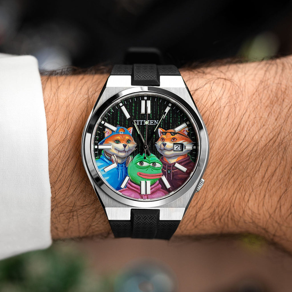 Citizen Tsuyosa Strap – Black FKM strap worn on the wrist with the hand-painted HODL Squad Concept by IFL Watches