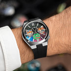 Citizen Tsuyosa Strap – Black FKM strap shown at an angle on the wrist with the hand-painted HODL Squad Concept by IFL Watches