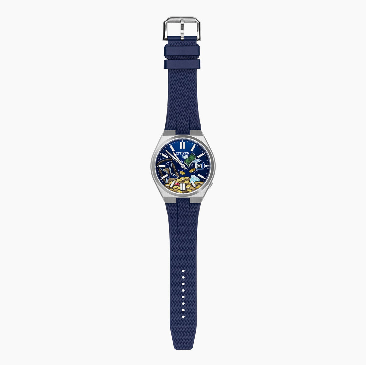 Citizen Tsuyosa Strap – Blue FKM strap fitted to the hand-painted Time Is Money Concept by IFL Watches