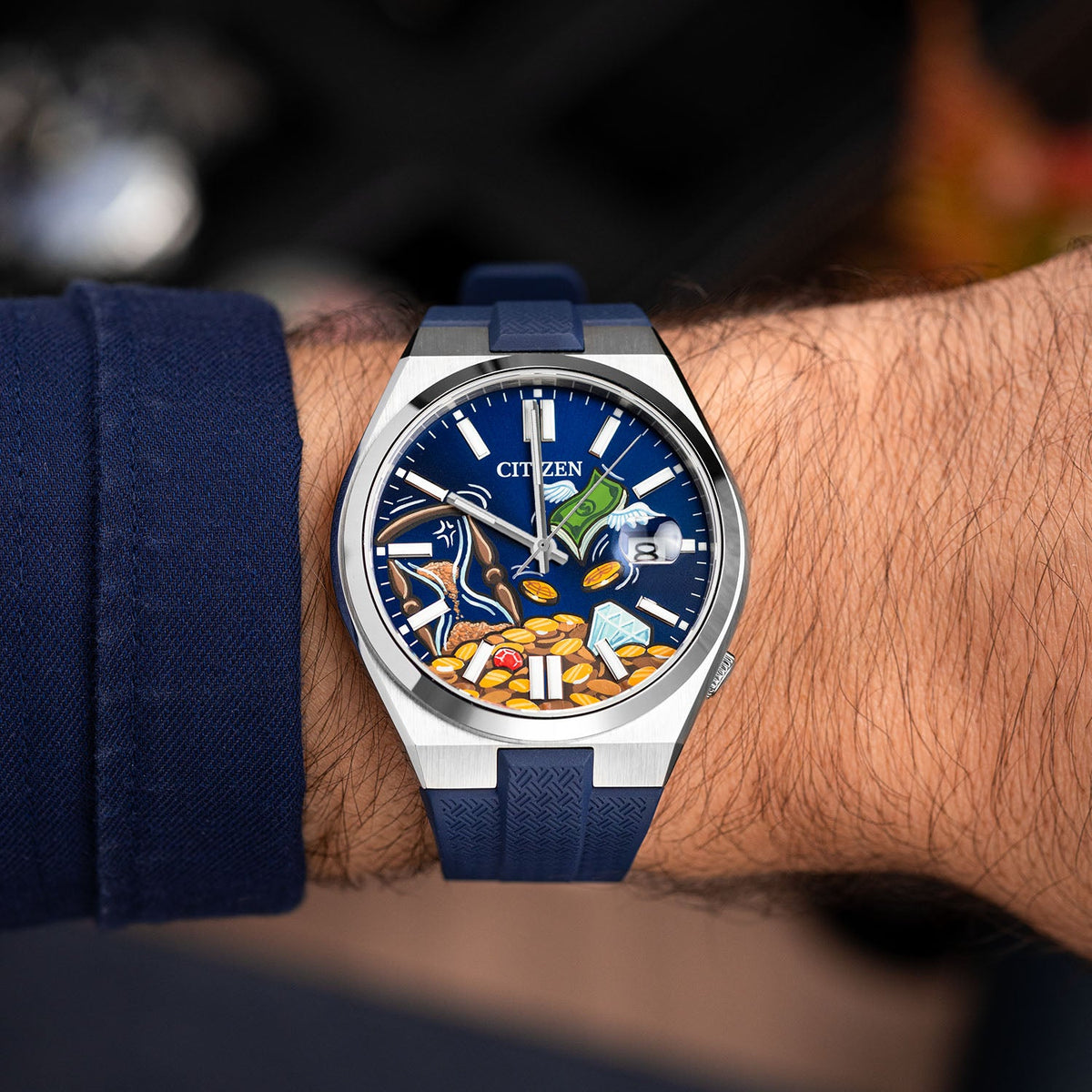 Citizen Tsuyosa Strap – Blue FKM strap worn on the wrist with the hand-painted Time Is Money Concept by IFL Watches