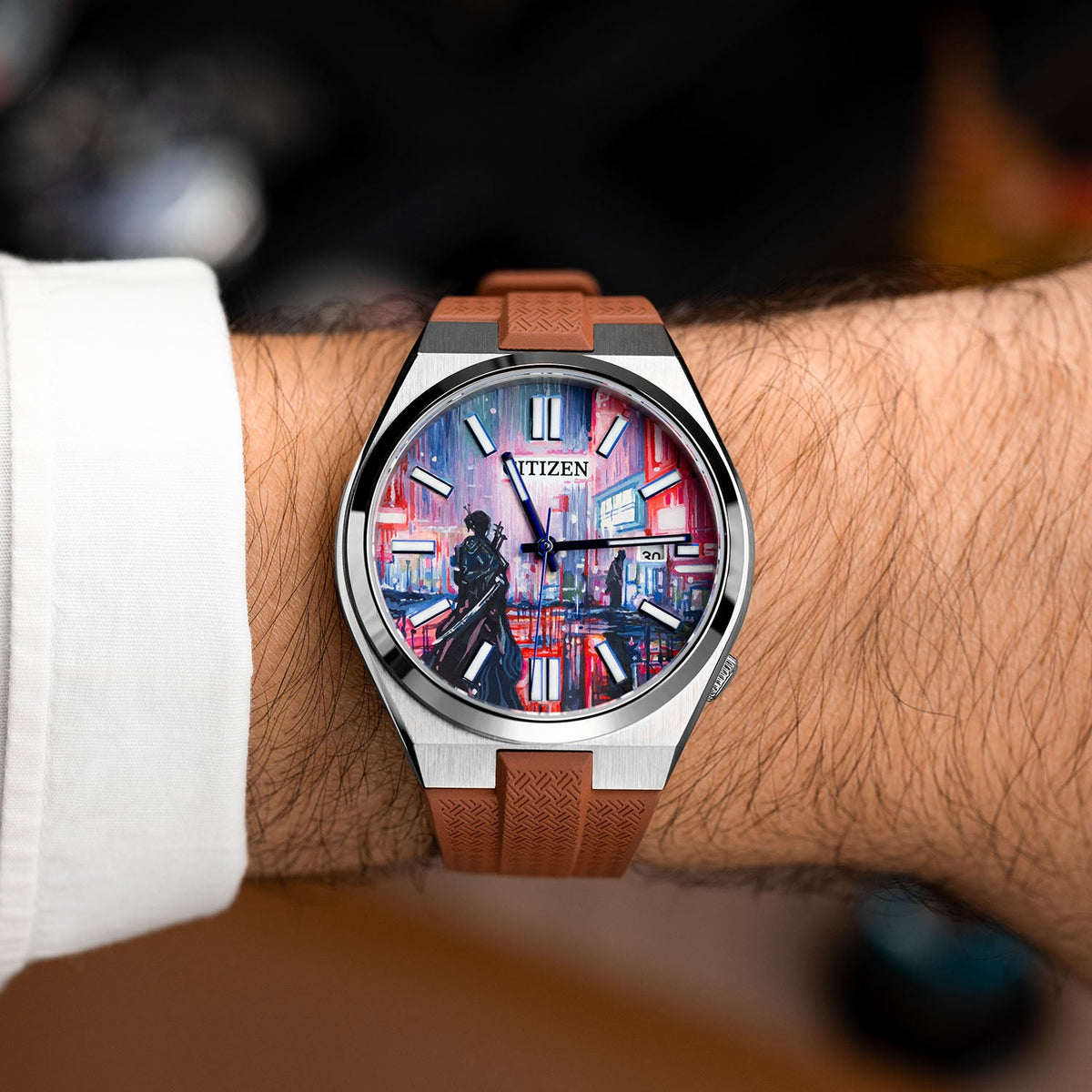 Citizen Tsuyosa Strap – Brown FKM strap worn on the wrist with the hand-painted Tsuyosa Osaka Concept by IFL Watches