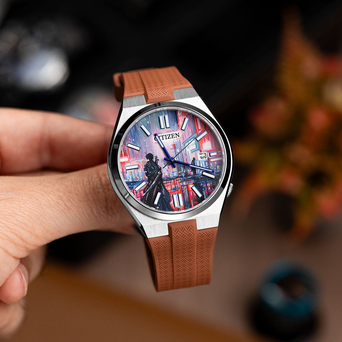 Citizen Tsuyosa Strap – Brown FKM strap fitted to the hand-painted Tsuyosa Osaka Concept by IFL Watches, angled view in the hand