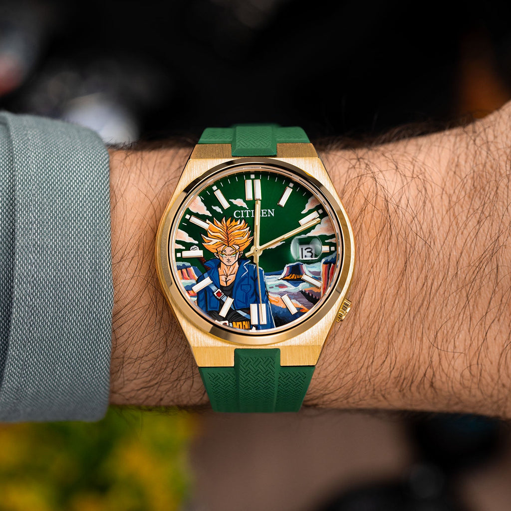 Citizen Tsuyosa Strap – Green FKM strap worn on the wrist with the hand-painted Future Fury Concept by IFL Watches