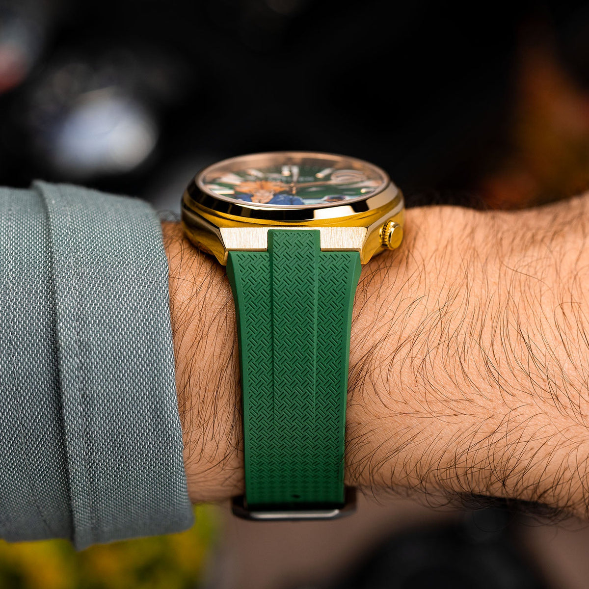 Citizen Tsuyosa Strap – Green FKM strap seen from the side, meeting the case of the hand-painted Future Fury Concept by IFL Watches