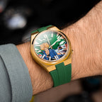 Citizen Tsuyosa Strap – Green FKM strap shown at an angle on the wrist with the hand-painted Future Fury Concept by IFL Watches