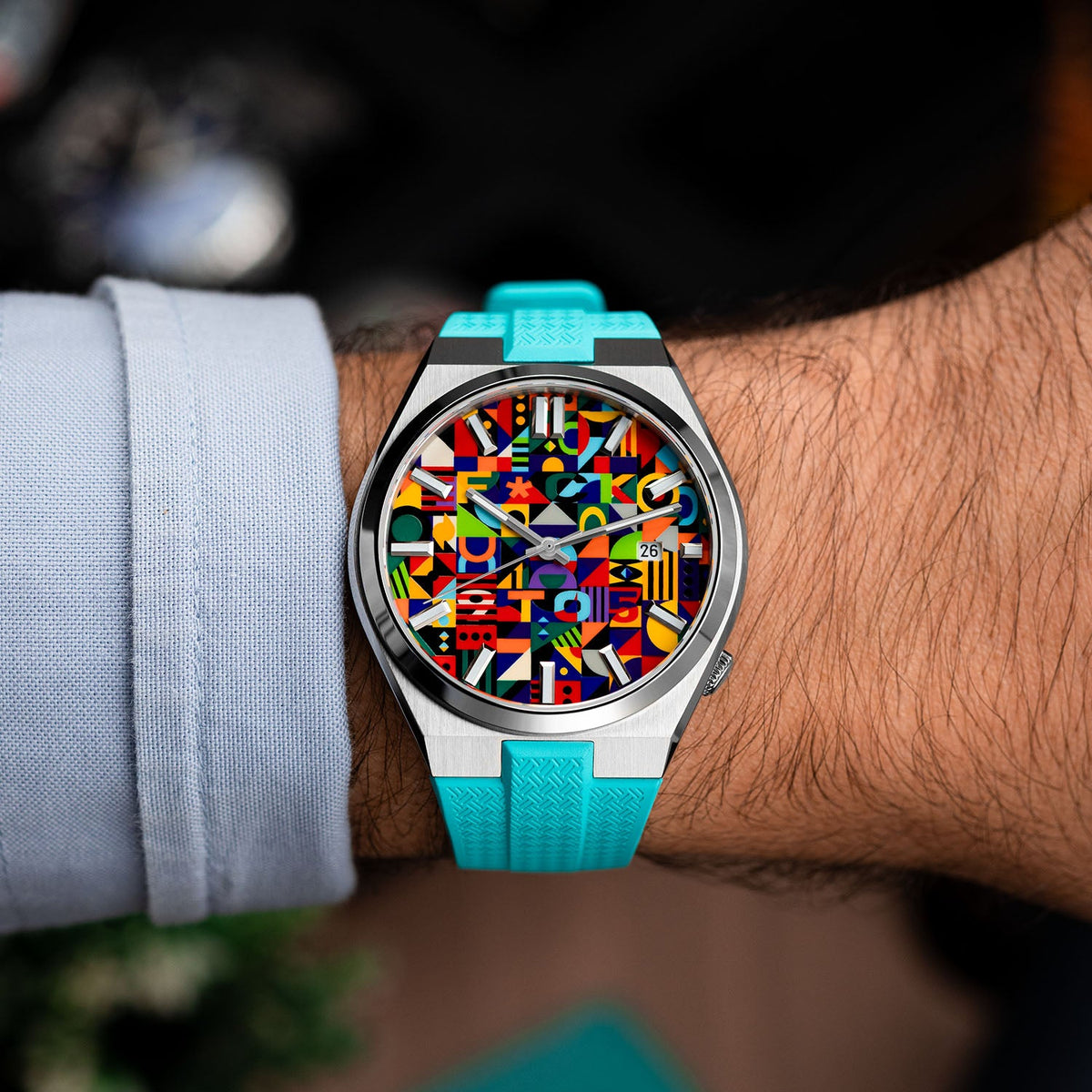 Citizen Tsuyosa Strap – Tiffany FKM strap worn on the wrist with a hand-painted Citizen Tsuyosa by IFL Watches
