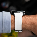 Citizen Tsuyosa Strap – White FKM strap seen from the side, meeting the case of a hand-painted Citizen Tsuyosa Shore by IFL Watches