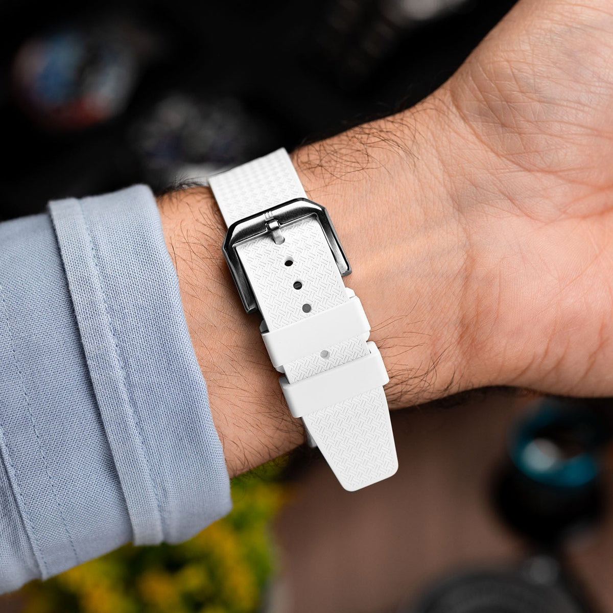 Citizen Tsuyosa Strap – White FKM strap detail showing the pin buckle on the wrist
