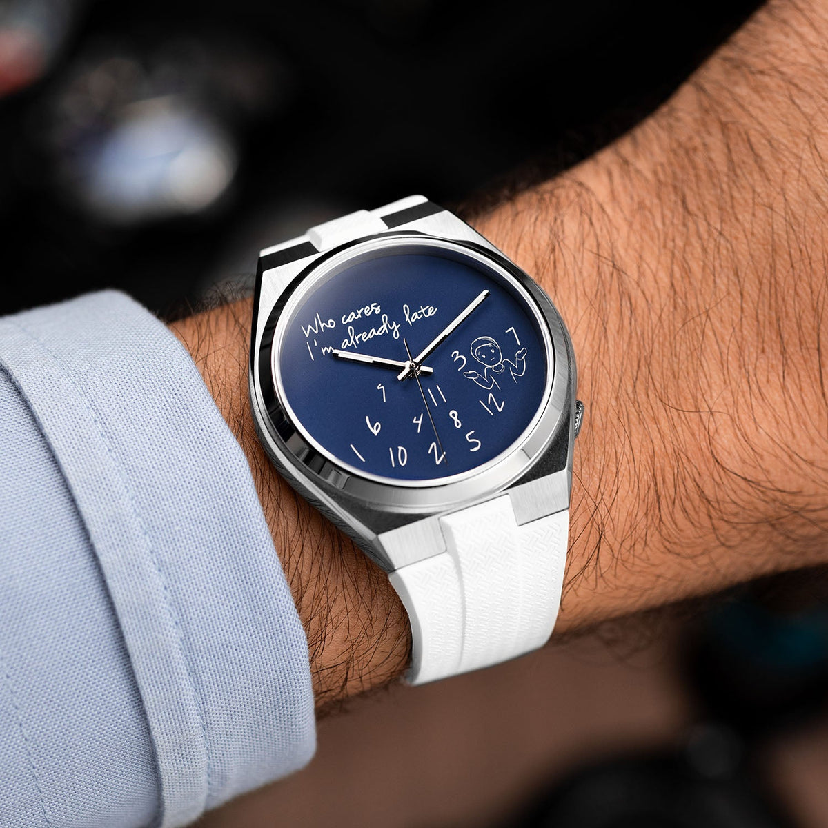 Citizen Tsuyosa Strap – White FKM strap shown at an angle on the wrist with the hand-painted Tsuyosa Who Cares Concept by IFL Watches